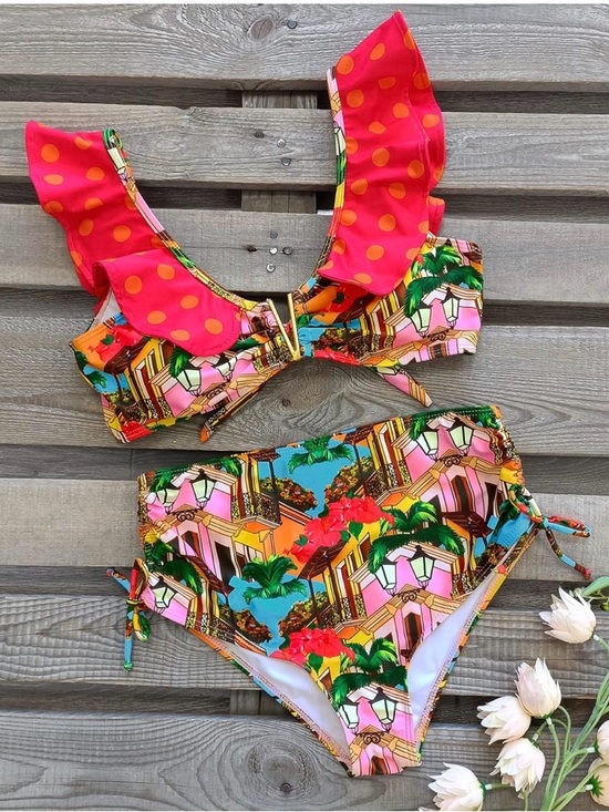 NWT Sporlike Tropical Town Print Bikini Set Ruffle Top High Waist Bottom Small - Picture 14 of 14